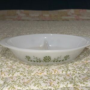 Vintage Glasbake White Divided Dish Green Daisy